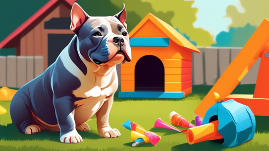 An American Bully puppy attentively listening to a trainer holding treats in a sunny backyard, surrounded by colorful training tools like cones, toys, and a clicker. The background includes a cozy dog