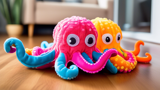 A vibrant image of a playful octopus-shaped dog toy in a variety of bright colors, laying in a cozy living room. The toy has multiple tentacles with squeakers and crinkly material for extra fun. A hap