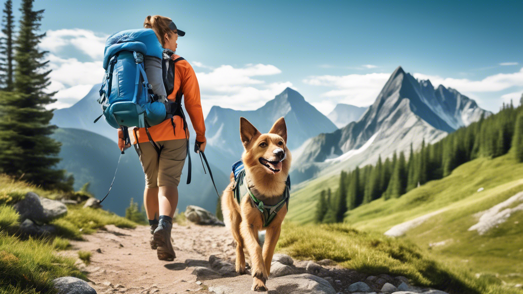 Create an image of a scenic mountain trail with a happy dog wearing essential hiking gear, including a doggy backpack, a hydration vest, and sturdy booties. The dog is eagerly leading the way, while a