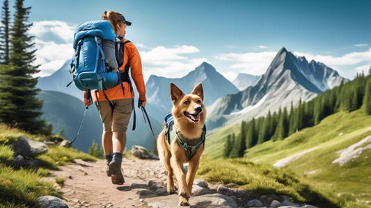Create an image of a scenic mountain trail with a happy dog wearing essential hiking gear, including a doggy backpack, a hydration vest, and sturdy booties. The dog is eagerly leading the way, while a