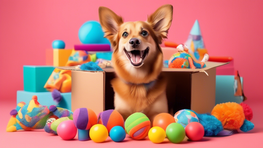 Create an image depicting a cheerful dog with a wagging tail, opening a brightly colored monthly subscription box filled with various fun and engaging toys. The box should have a logo on it suggesting