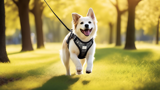 Create an image of a happy dog owner using a Spark Paws harness on their energetic dog in a beautiful, sunny park. The dog should look comfortable and secure in the stylish and functional harness, whi
