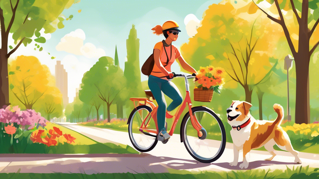 Create a detailed illustration of a person riding a bike with a happy dog beside them, using a safe bicycle dog leash. The setting is a bright, sunny day in a beautiful park with a clear bike path. Bo
