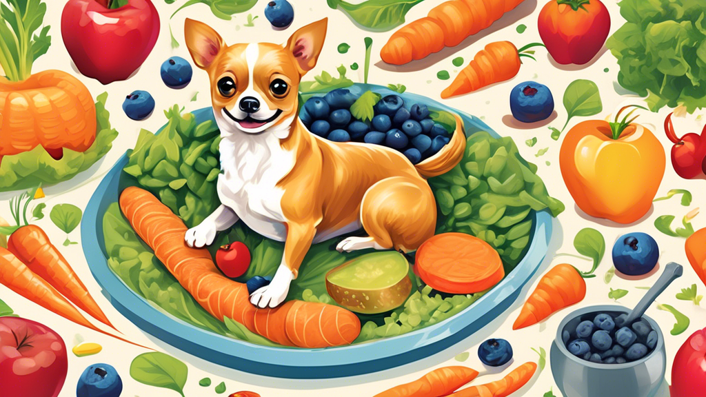 Create a vibrant and detailed illustration showing a variety of healthy and appealing foods arranged around a small, energetic dog. The foods should include a mix of high-quality kibble, fresh vegetab