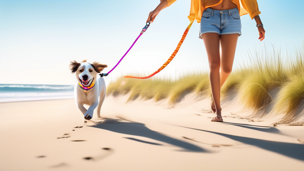 Create an image of a happy dog and its owner walking along a beach with a colorful, waterproof dog leash prominently displayed. The scene is vibrant with clear blue skies, gentle waves, and a backdrop