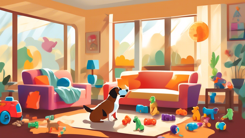 A cheerful scene featuring a variety of colorful snuffle toys designed for dogs, scattered in a cozy living room. Several dogs of different breeds joyfully engaged, sniffing and playing with the toys.