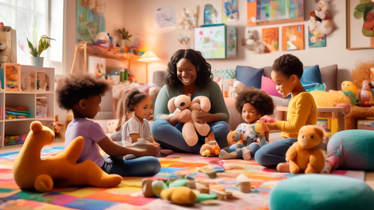 A comforting and supportive scene featuring a diverse group of children in a cozy, colorful playroom. The room is filled with empathy-boosting toys like plush animals, inclusive dolls, art supplies, a
