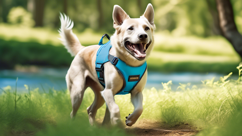 Create an image of a happy, active dog wearing a sleek, light-blue Ruffwear Swamp Cooler Harness. The scene should be set in a sunny outdoor environment, such as a hiking trail or park, demonstrating 
