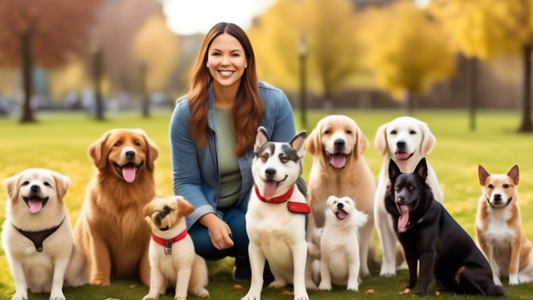 Create an image of a friendly, local dog trainer working with a variety of well-behaved dogs in a cozy, welcoming park setting. The trainer should have a warm smile and be demonstrating positive reinf