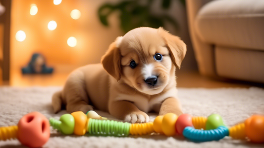 An adorable puppy playing with a variety of colorful and engaging teething toys in a cozy, happy environment. The scene includes chew bones, rubber rings, plush toys, and teething keys, all designed t