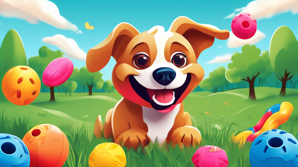 Create an image showcasing a happy dog playing with colorful silicone dog toys in a park. The background should feature lush green grass and trees, with a blue sky overhead. The dog toys should come i