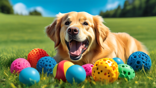 Create an image of various colorful and durable Ruff Dawg dog toys, including balls and chew toys, scattered on a grassy field with a golden retriever happily playing in the background, under a clear 