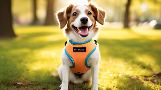 Create an image of a happy dog wearing a comfortable, stylish slip-on harness in a vibrant park setting. The harness should look easy to put on and secure, highlighting its convenience and design. Sur