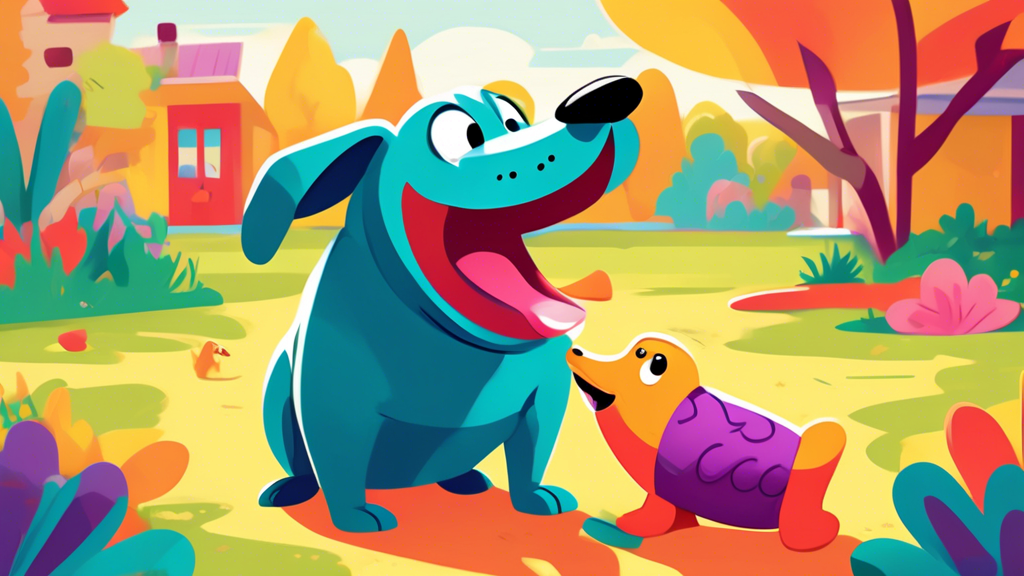 A playful, cartoon-style dog happily chewing on a colorful, durable platypus-shaped dog toy in a vibrant backyard setting. The toy has a cheerful face and resilient texture, showing no signs of wear, 