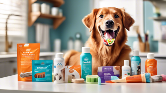 A high-resolution image of a happy dog with a variety of top-rated dental products for 2023 displayed around it. Include items such as dental chews, toothbrushes, toothpaste, and dental rinses, all wi