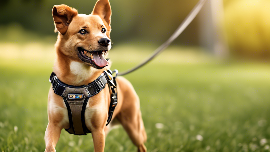 Create a detailed image of a happy, active dog wearing a durable harness with sturdy metal buckles. Highlight the strength and quality of the metal buckles, showing them up close in one part of the im