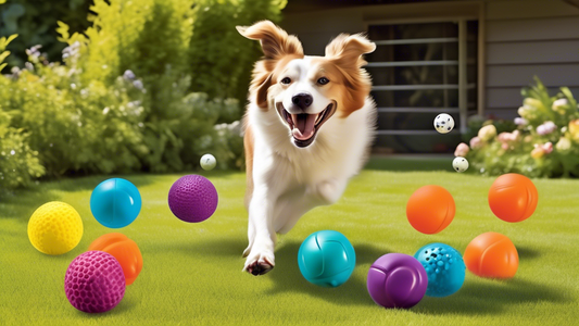 Create an image of a lively, playful scene in a vibrant backyard. Show a variety of colorful, active rolling balls designed for dogs, each with different textures and interactive features. Include a f