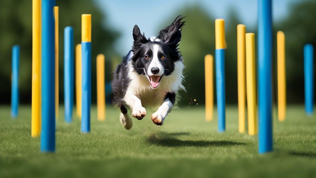 Create an image of a lively outdoor dog agility course with a border collie expertly weaving through a set of tightly spaced poles. The dog is focused and energetic, mid-movement with fur and ears flo