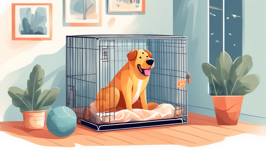 Create an image of a happy, large dog comfortably sitting inside an extra tall dog crate. The crate should include soft bedding, a few toys, and have enough vertical space for the dog to stand up and 