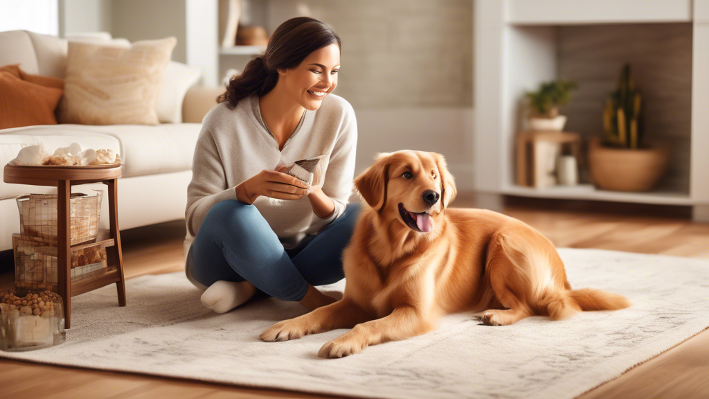 Create an image showcasing a happy pet owner with their dog in a cozy home setting, highlighting the Simparica Trio 3-month supply package prominently. The dog appears healthy and playful, and the own