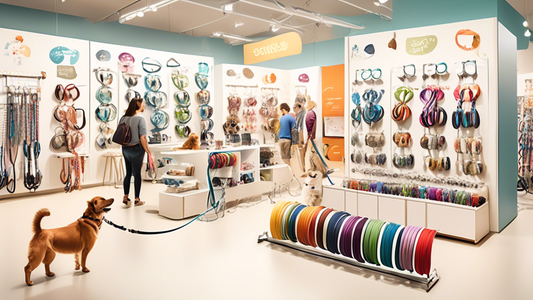 Create an image showing a variety of stylish and functional dog leashes arranged neatly on a display in a Petco store. Include leashes of different colors, materials, and designs to showcase the range
