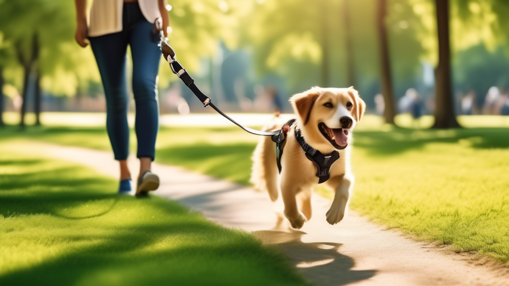A heartwarming scene in a sunny park with a happy dog wearing a no-pull dog leash. The leash is attached to a stylish harness that gently controls the dog's movements without causing discomfort. The d