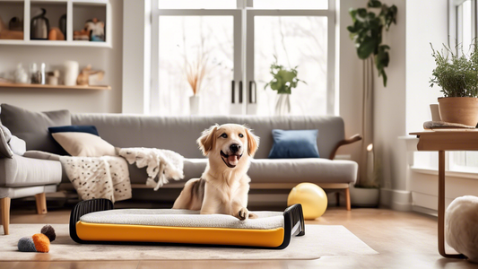 A cozy, modern living room featuring a happy and relaxed dog comfortably lying on a stylish dog cot. The cot is elevated with a sturdy frame, providing support and ventilation. Surrounding the dog are