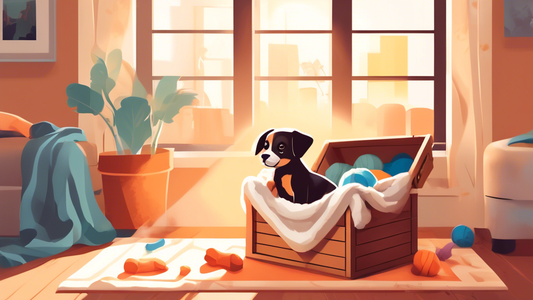 A cozy living room scene with a playful puppy entering an open crate comfortably filled with a soft blanket, toys around it, and a gentle sunlight streaming through a nearby window, illustrating a pos