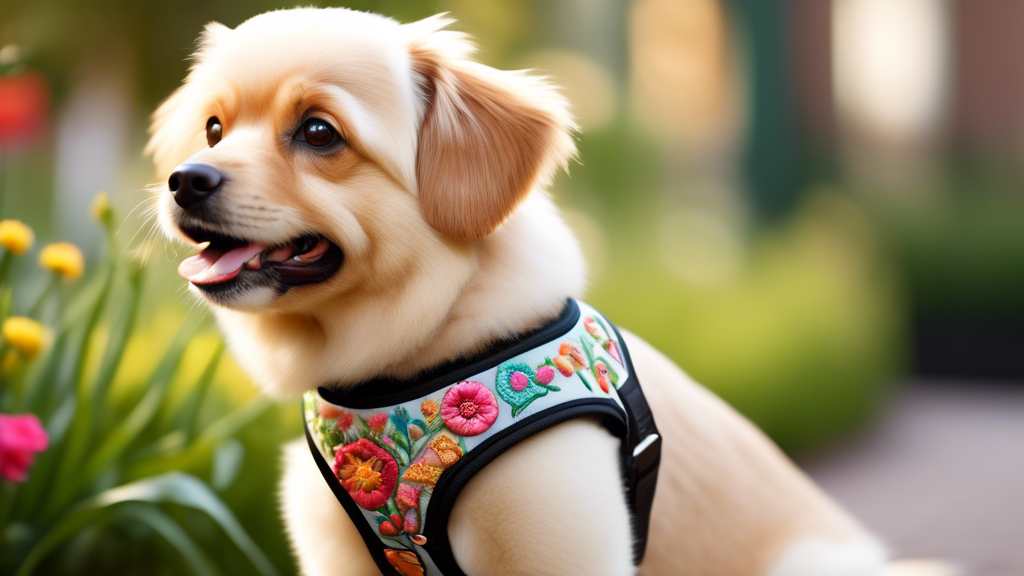 Create an image of a happy, stylish dog wearing a beautifully embroidered harness. The harness should have intricate, colorful patterns that stand out against the dog’s fur. The scene should be set in