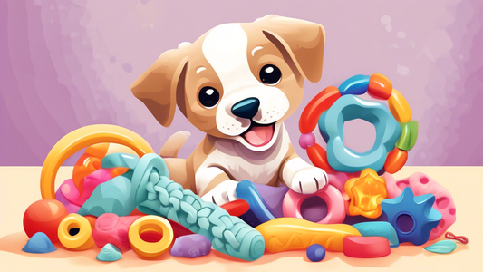 An adorable teething puppy surrounded by a variety of colorful chew toys designed for teething relief, featuring different textures and shapes such as rubber bones, squeaky plush animals, rope knots, 