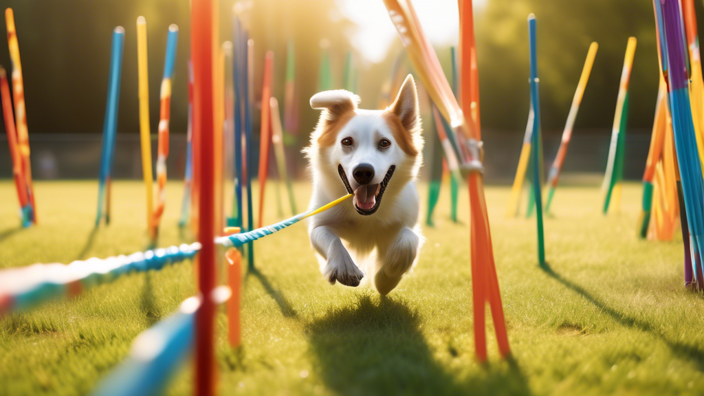 A lively, outdoor scene featuring a dog in mid-action gracefully navigating through a set of colorful weave poles on a grassy training field. The dog’s handler, standing nearby in athletic wear, holds