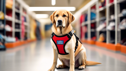 Create an image of a service dog wearing a high-quality harness, surrounded by various types of harnesses with different features. The dog should look calm and attentive, and the background can includ
