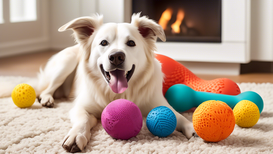 Create a high-resolution image showing a variety of durable dog toys made from materials like rubber, nylon, and reinforced fabric. The toys should have vibrant colors and playful designs, such as bon