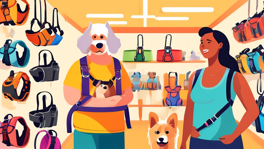 A diverse selection of dog harness sets displayed in various vibrant colors and sizes, designed for different breeds and types of dogs. A friendly pet owner attentively fitting a harness on a happy do