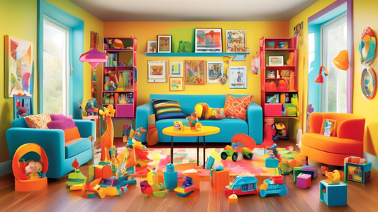 Create an image of a bright, cheerful living room filled with a variety of unique and playful toys from Bully Box. Show children excitedly unboxing and playing with imaginative toys, including colorfu