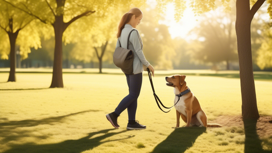 Create an image of a calm dog on a leash, standing next to a person who is practicing positive reinforcement training in a peaceful park setting. The dog should have a focused but relaxed expression, 