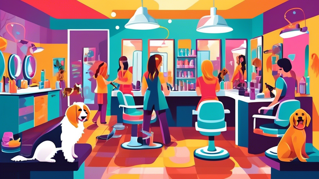 Create an image of a vibrant dog grooming salon with various professional grooming tools on a countertop. Show a diverse group of students attentively learning grooming techniques from an experienced 