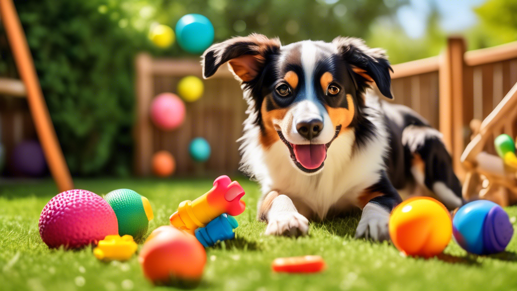 A vibrant, sunny backyard featuring a variety of colorful, interactive chew toys designed for dogs. The dogs, of various breeds and sizes, are happily playing with the toys, showcasing their health an
