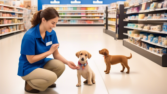 Create an image of a friendly PetSmart employee demonstrating potty training techniques for a cute puppy. The employee is kneeling on the floor of a warmly-lit, inviting pet store, using training pads
