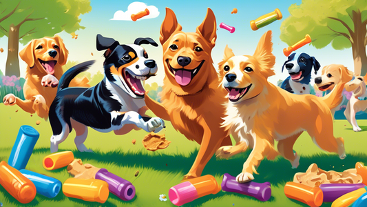 A cheerful scene featuring happy dogs of various breeds playing with colorful, peanut butter-filled dog toys in a sunny backyard. Some dogs are chewing on the toys with peanut butter smeared on their 