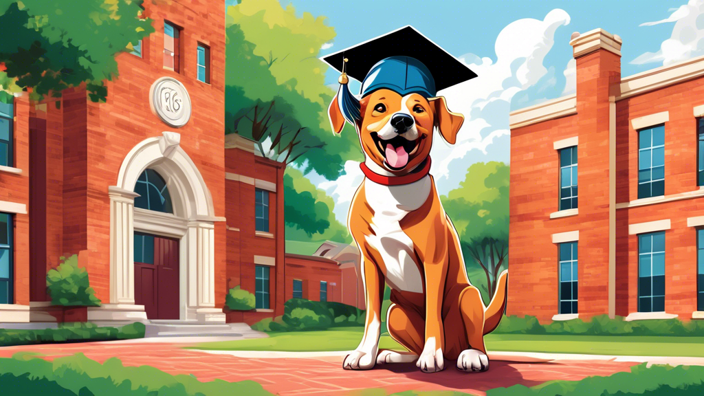 Create an image of a joyful dog wearing a graduation cap and diploma in its mouth, standing in front of a brick building labeled 'K9 University.' The background should show a picturesque campus with t