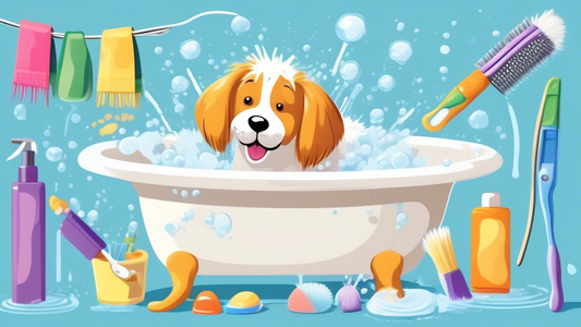 Create an image featuring a cheerful dog getting a bath, surrounded by five distinct types of dog washing brushes. The scene should include a colorful, well-equipped grooming station with soap bubbles