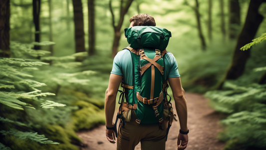 Create an image of an adventure enthusiast in a scenic, mountainous environment, exploring a lush forest trail. The person is wearing an Arcadia Harness, which is stylish, durable, and equipped with v