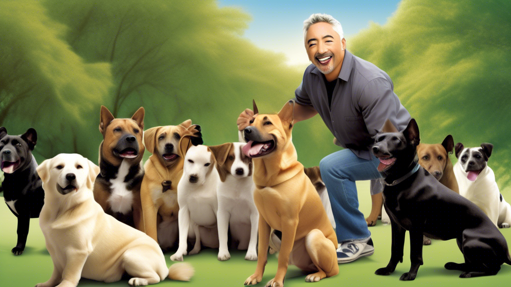 Create an image of Cesar Millan, the renowned Dog Whisperer, demonstrating his dog training techniques in a peaceful, scenic park. He is surrounded by a variety of dog breeds sitting attentively, illu