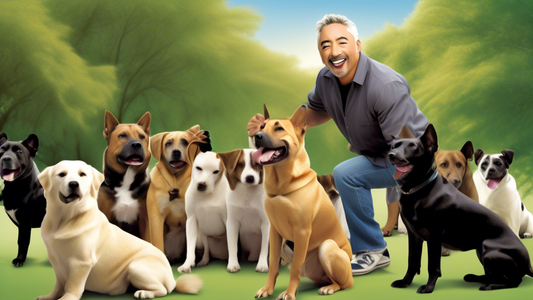 Create an image of Cesar Millan, the renowned Dog Whisperer, demonstrating his dog training techniques in a peaceful, scenic park. He is surrounded by a variety of dog breeds sitting attentively, illu