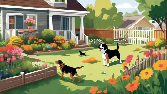 Create a detailed image featuring a tranquil suburban backyard with happy dogs playing safely. Show an invisible fence system setup, highlighting discreet boundary markers and a Tractor Supply sign in