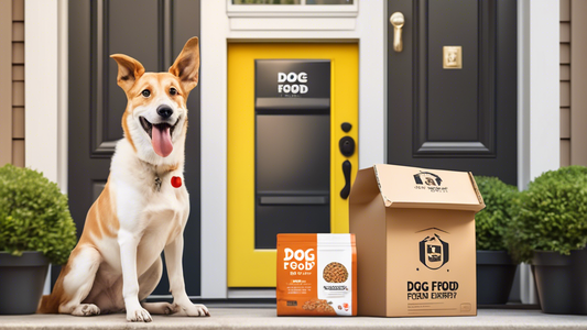 Create an image of a cheerful dog sitting at a front door with a package labeled Dog Food Delivery in front of it. The package should feature fresh and healthy ingredients like chicken, vegetables, an