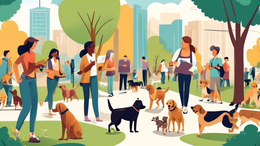 Create an illustration of a bustling town scene with various dog owners interacting with professional dog trainers in a park area. The trainers are using positive reinforcement techniques, such as tre