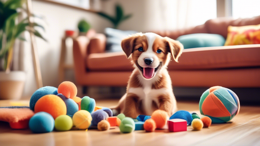 A bright, happy scene of a playful puppy surrounded by a variety of high-quality, colorful puppy toys available on Amazon. Include chew toys, squeaky toys, balls, rope toys, and interactive puzzle toy