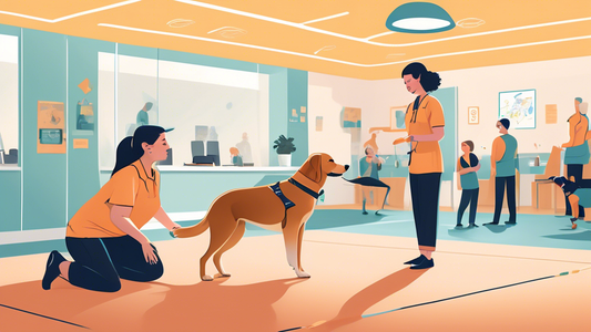 A detailed illustration of a friendly, well-groomed service dog in a training session with a professional trainer. The setting is a clean and modern training facility with various agility equipment an